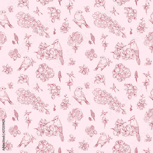 Pattern with floral ornament, toile de jouy. Seamless background. Hand drawn illustration in vintage style