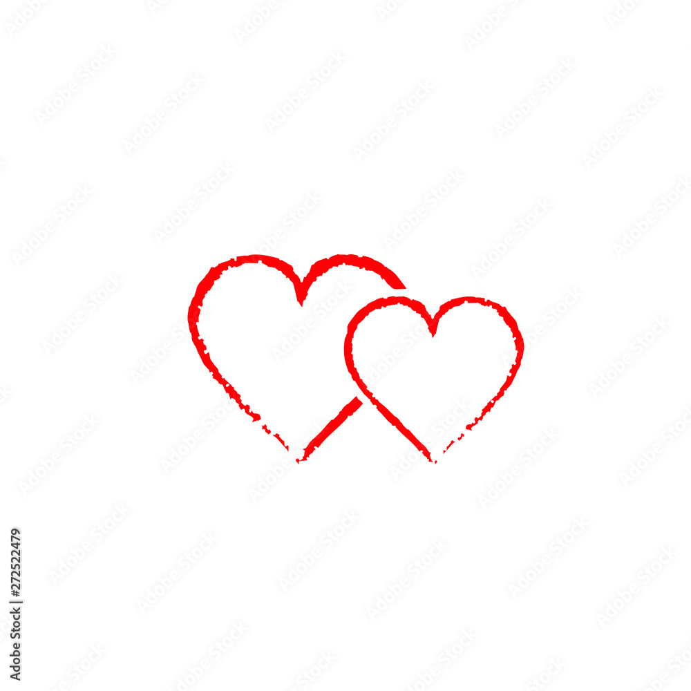 Two hearts grunge style icon, Brush drawing vector heart, isolated on white