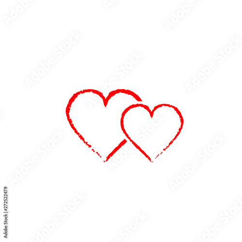 Two hearts grunge style icon, Brush drawing vector heart, isolated on white