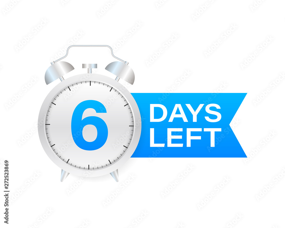 6 days left on allarm clock on white background. Vector stock illustration. 6 days left on allarm clock on white background. Vector stock illustration.