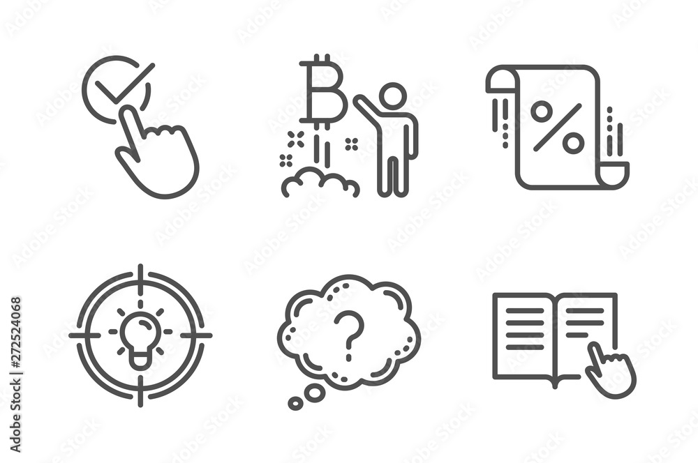 Bitcoin project, Question mark and Checkbox icons simple set. Loan percent, Idea and Read instruction signs. Cryptocurrency startup, Quiz chat. Business set. Line bitcoin project icon. Editable stroke