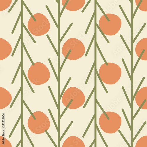 Cute stylized oranges seamless pattern with a vintage look on a light beige background. Vector design, orange, green and ecru. Great for spring or summer textiles, fashion, invitations and stationery.