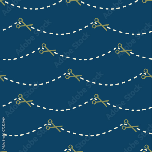 Sewing themed seamless repeat pattern of scissors cutting along dashed lines. navy blue, green and white. All over print, great for sewing and fashion themes, textiles, gift wrapping paper, cards.