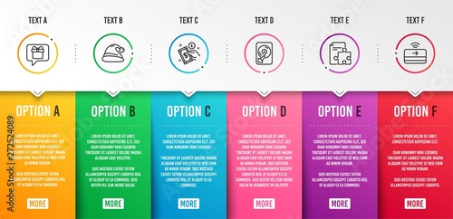 Hdd, Strategy and Payment method icons simple set. Wish list, Santa hat and Contactless payment signs. Memory disk, Puzzle. Business set. Infographic template. 6 steps timeline. Business options