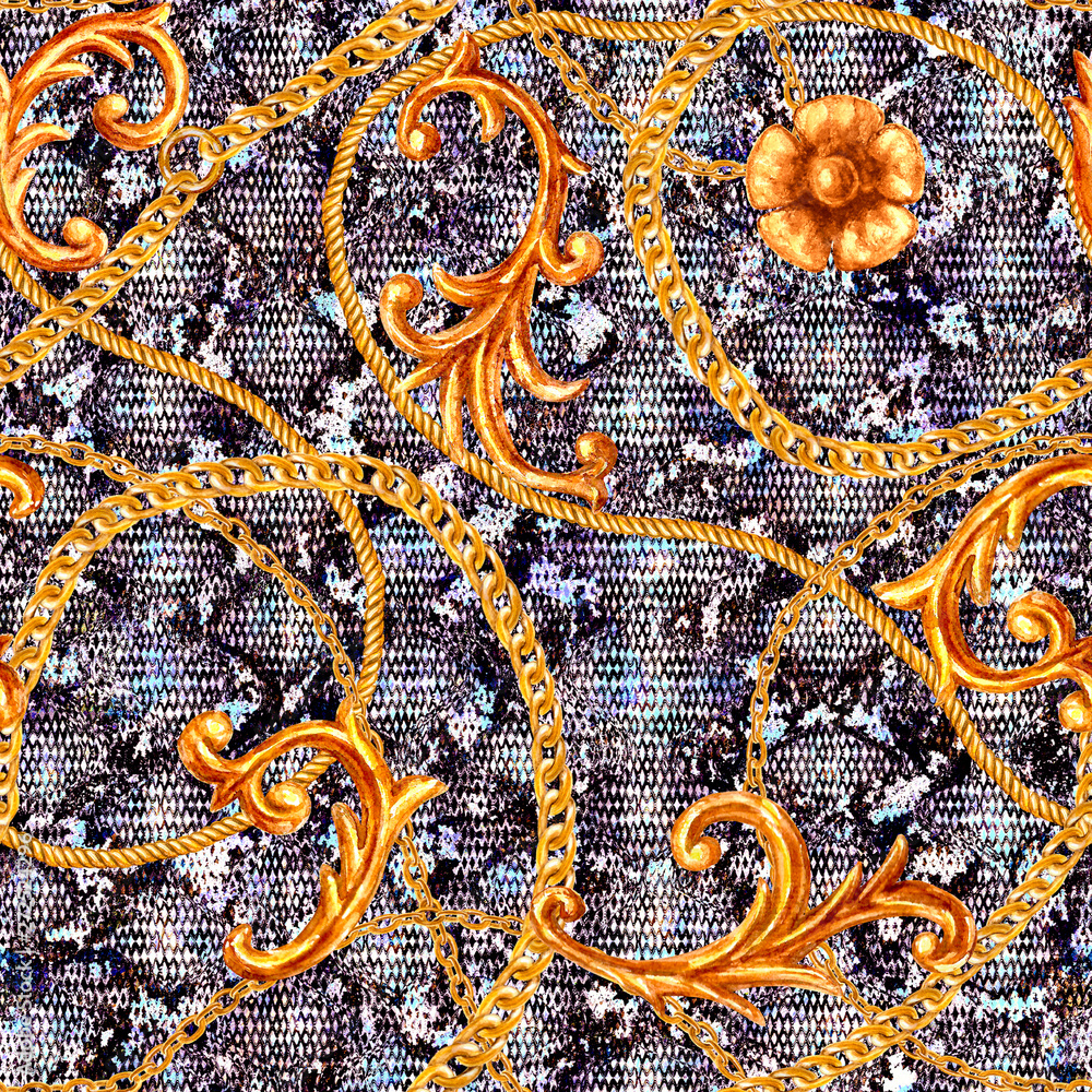 Golden baroque chain glamour snake skin seamless pattern. Watercolor hand drawn fashion gold and animal texture Golden baroque chain glamour snake skin seamless pattern. Watercolor hand drawn fashion gold and animal texture