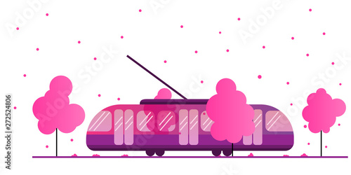 Tram and spring season. Flowering trees and eco-friendly public transport surrounded by nature. Technology and nature. Favorable environment. white background