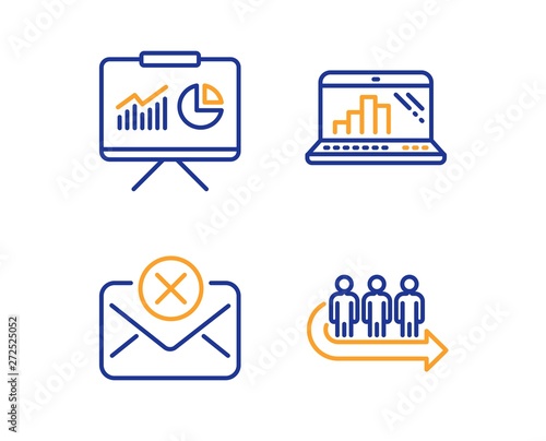 Graph laptop, Presentation and Reject mail icons simple set. Queue sign. Mobile report, Board with charts, Delete letter. People waiting. Business set. Linear graph laptop icon. Colorful design set
