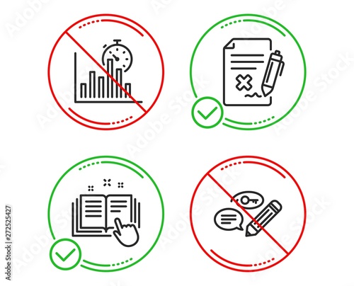 Do or Stop. Report timer, Technical documentation and Reject file icons simple set. Keywords sign. Growth chart, Manual, Decline agreement. Pencil with key. Business set. Line report timer do icon