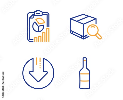 Download arrow, Search package and Report icons simple set. Wine sign. Crisis, Tracking service, Presentation chart. Merlot bottle. Business set. Linear download arrow icon. Colorful design set