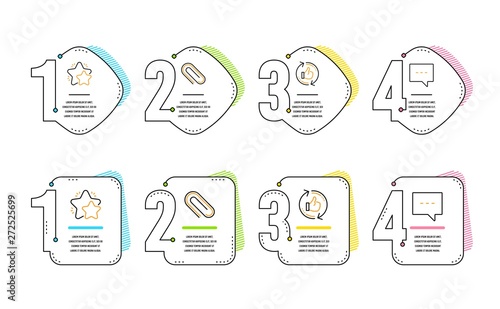 Star, Paper clip and Refresh like icons simple set. Blog sign. Customer feedback, Attach paperclip, Thumbs up counter. Chat message. Business set. Infographic timeline. Line star icon. Vector