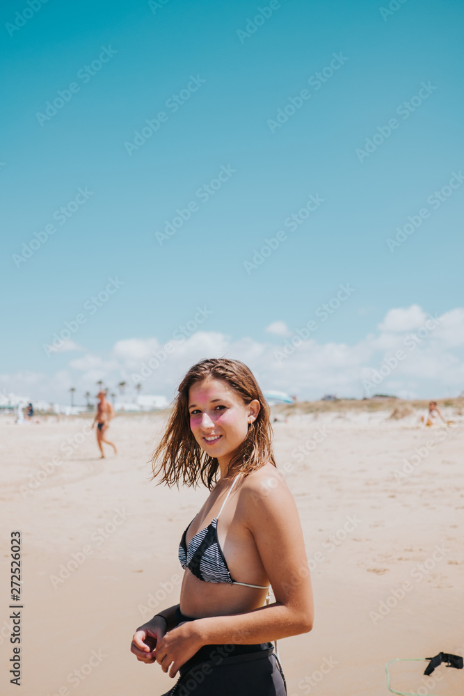 Portrait of woman with bikini and neoprene Portrait of woman with bikini and neoprene