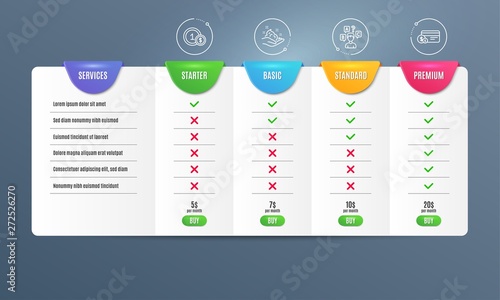 Quiz test, Skin care and Usd coins icons simple set. Comparison table. Payment method sign. Interview, Hand cream, Cash payment. Business set. Pricing plan. Compare products. Vector