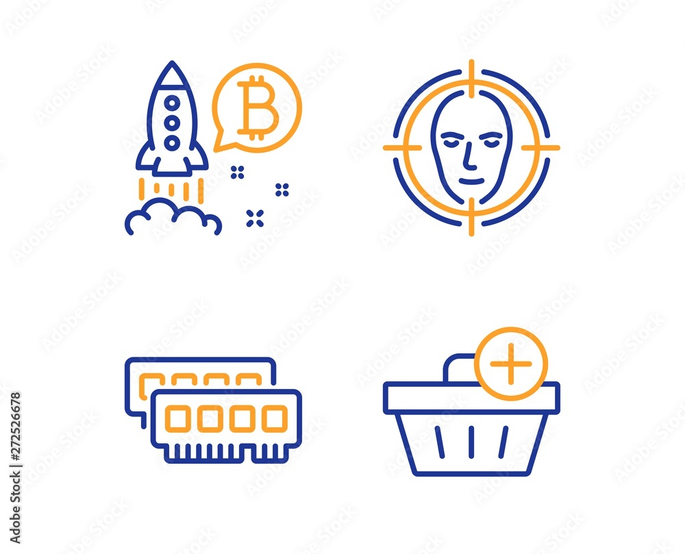 Fototapeta premium Ram, Face detect and Bitcoin project icons simple set. Add purchase sign. Random-access memory, Select target, Cryptocurrency startup. Shopping order. Business set. Linear ram icon. Vector