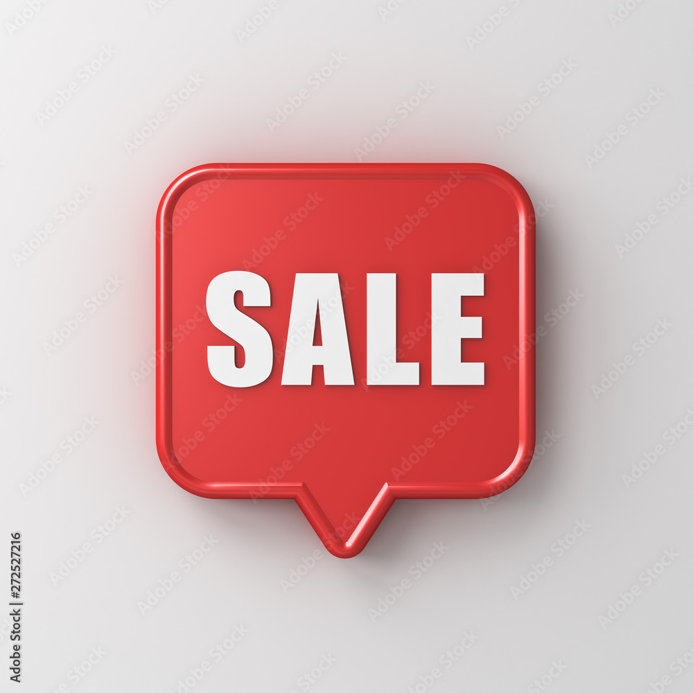 Sale word on red speech bubble pin isolated on white wall background with shadow 3D rendering Sale word on red speech bubble pin isolated on white wall background with shadow 3D rendering