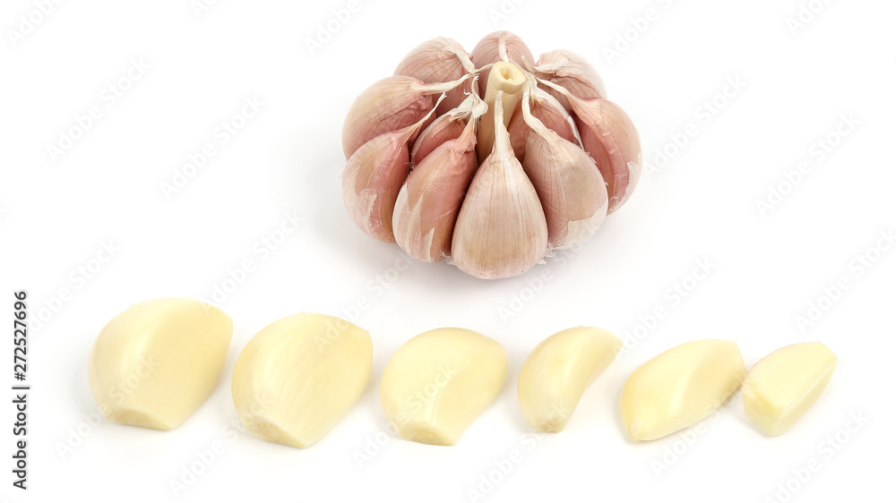 garlic head and cloves on white background garlic head and cloves on white background
