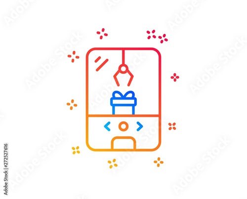 Crane claw machine line icon. Amusement park sign. Carousels symbol. Gradient design elements. Linear crane claw machine icon. Random shapes. Vector