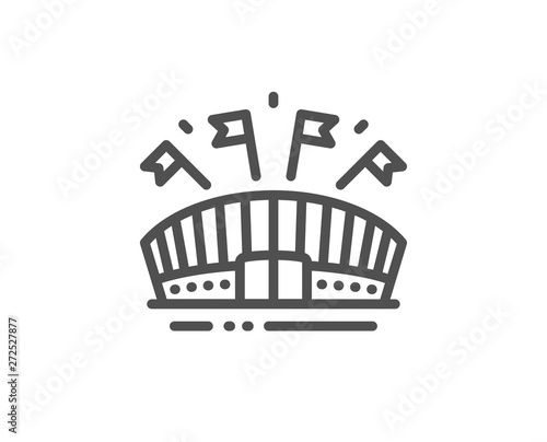 Sports arena line icon. Stadium with flags sign. Sport complex symbol. Quality design element. Linear style sports arena icon. Editable stroke. Vector