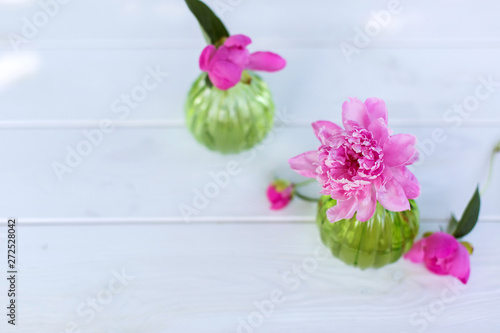 Beautiful soft pink peonies in vase on white wooden background outdoors. Summer flowers in blossom. Nature  fresh pink flowers concept