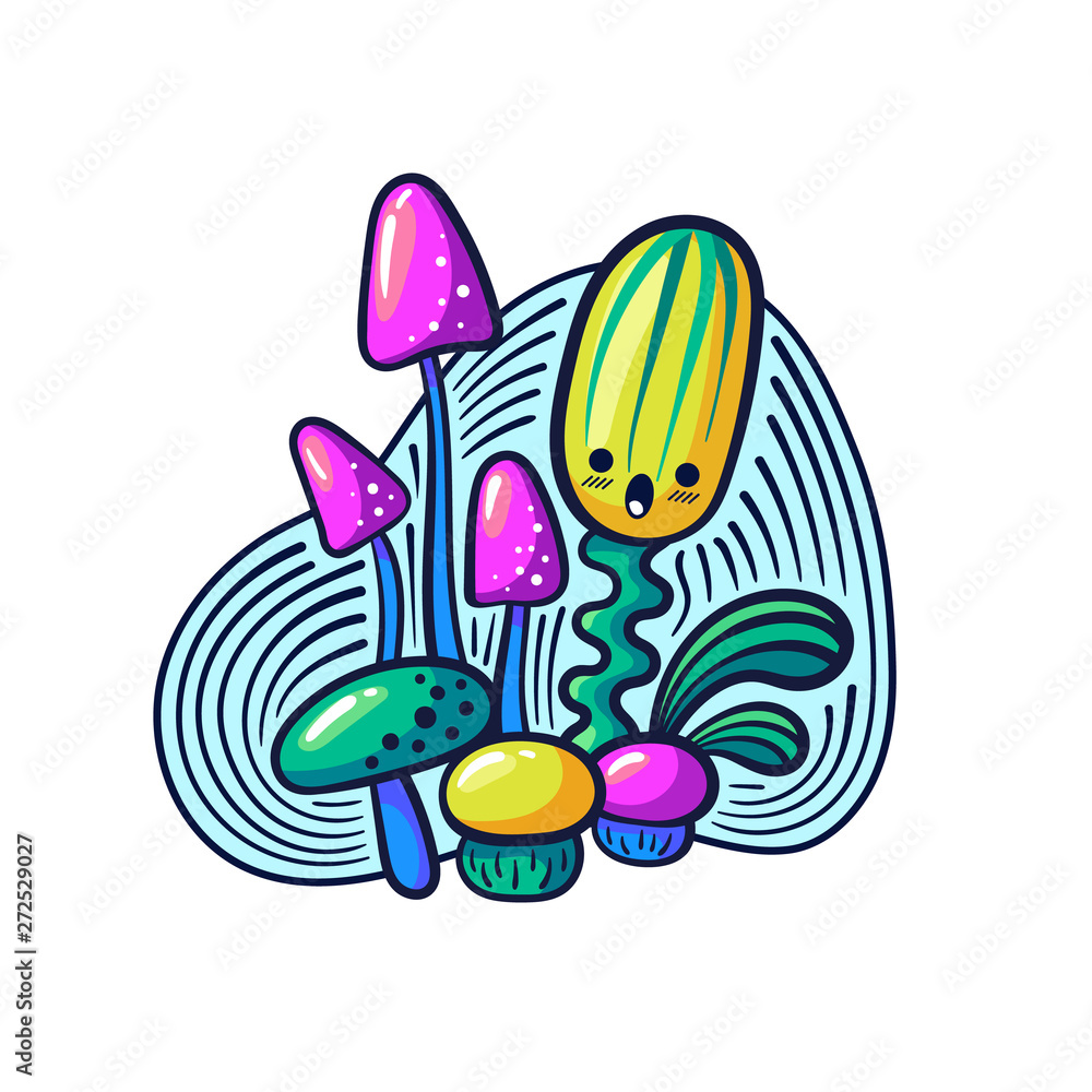 Cute kawaii mushrooms and monsters in doodle style. Cute kawaii mushrooms and monsters in doodle style.