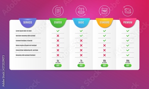Quick tips, Speakers and Document icons simple set. Comparison table. Messenger mail sign. Helpful tricks, Sound, Information file. New e-mail. Education set. Pricing plan. Compare products. Vector