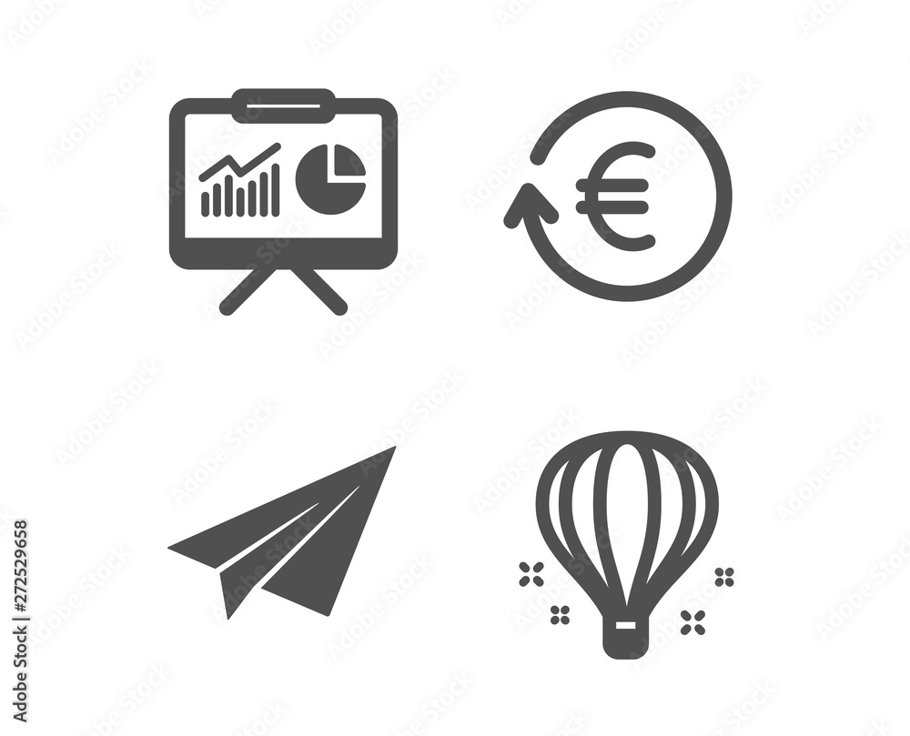 Set of Exchange currency, Paper plane and Presentation icons. Air balloon sign. Reshresh exchange rate, Airplane, Board with charts. Sky travelling. Classic design exchange currency icon. Flat design Set of Exchange currency, Paper plane and Presentation icons. Air balloon sign. Reshresh exchange rate, Airplane, Board with charts. Sky travelling. Classic design exchange currency icon. Flat design