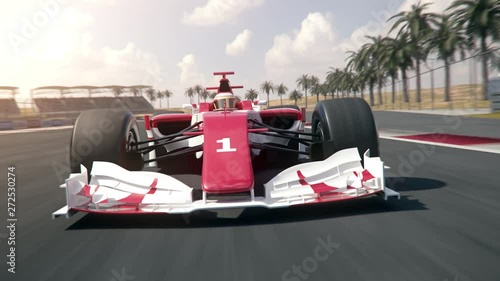 Generic formula one race car driving along the homestretch over the finish line - dynamic front view camera - realistic high quality 3d animation - my own car design - no copyright/trademark infringem photo