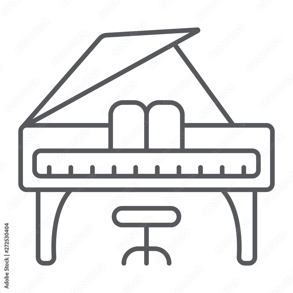 Piano thin line icon, music and sound, keyboard musical instrument sign, vector graphics, a linear pattern on a white background. Piano thin line icon, music and sound, keyboard musical instrument sign, vector graphics, a linear pattern on a white background.