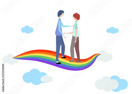 Homosexual symbols. Two men stand on a rainbow among the clouds and hold hands. Rainbow striped coloring in gay pride flag. Concept of same-sex homosexual relationships of bisexual, gay and lesbian.