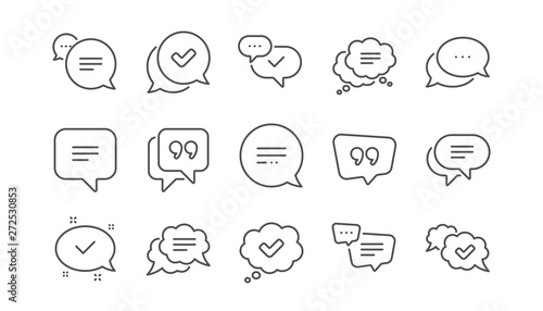 Chat and quote line icons. Approved, Checkmark box and Social media message. Chat speech bubble, Tick or check mark, Comment quote icons. Think speech bubble. Linear set. Vector