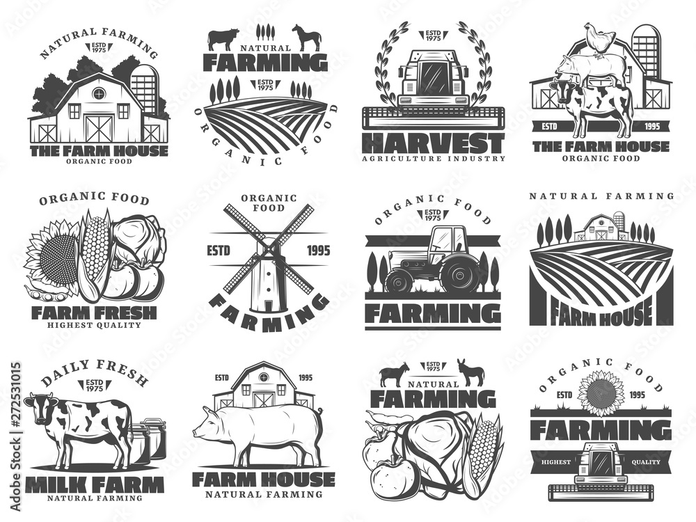 Farm dairy and cattle products, farming icons