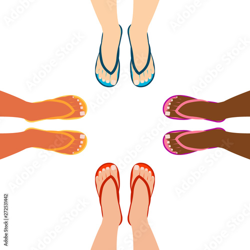 Female feet in summer sandals, flp flop. Group of people facing each other. Shoes, top view. Vector illustration