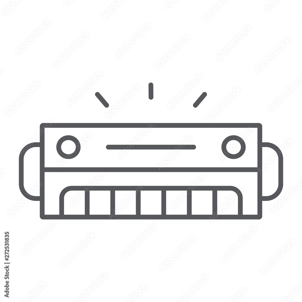 Fototapeta premium Harmonica thin line icon, music and sound, wind musical instrument sign, vector graphics, a linear pattern on a white background.