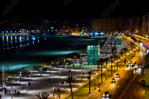 Panoramic View of Moroccan Coast, Tangier City  at Night, Morocco