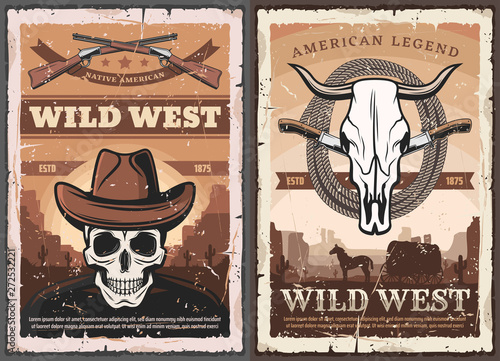 Wild West skull in cowboy hat, American Western