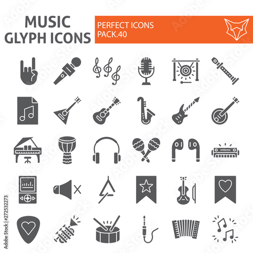 Music glyph icon set, musical instruments symbols collection, vector sketches, logo illustrations, audio equipment signs solid pictograms package isolated on white background.