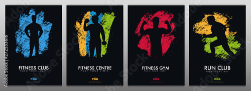 Set of Fitness Club Banners with man on the color grunge style background.