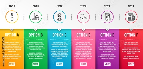 Breathing exercise, Seo phone and Bucket with mop icons simple set. Beer bottle, Student and Social media signs. Breath, Search engine. Infographic template. 6 steps timeline. Business options. Vector