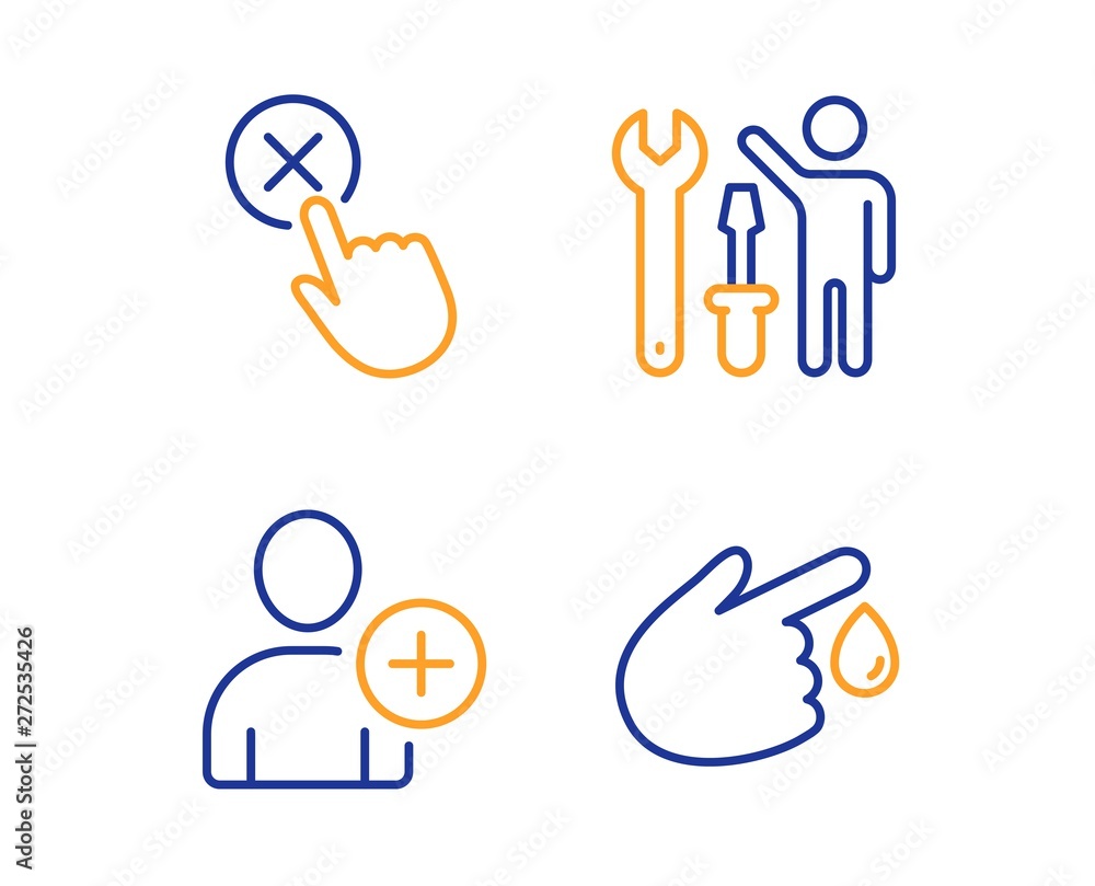 Repairman, Add user and Reject click icons simple set. Blood donation sign. Repair screwdriver, Profile settings, Delete button. Injury. People set. Linear repairman icon. Colorful design set. Vector Repairman, Add user and Reject click icons simple set. Blood donation sign. Repair screwdriver, Profile settings, Delete button. Injury. People set. Linear repairman icon. Colorful design set. Vector