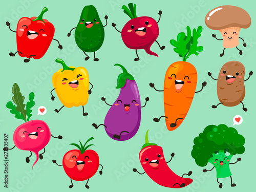 Funny collection of cartoon plant characters. Vector vegetable isolates.