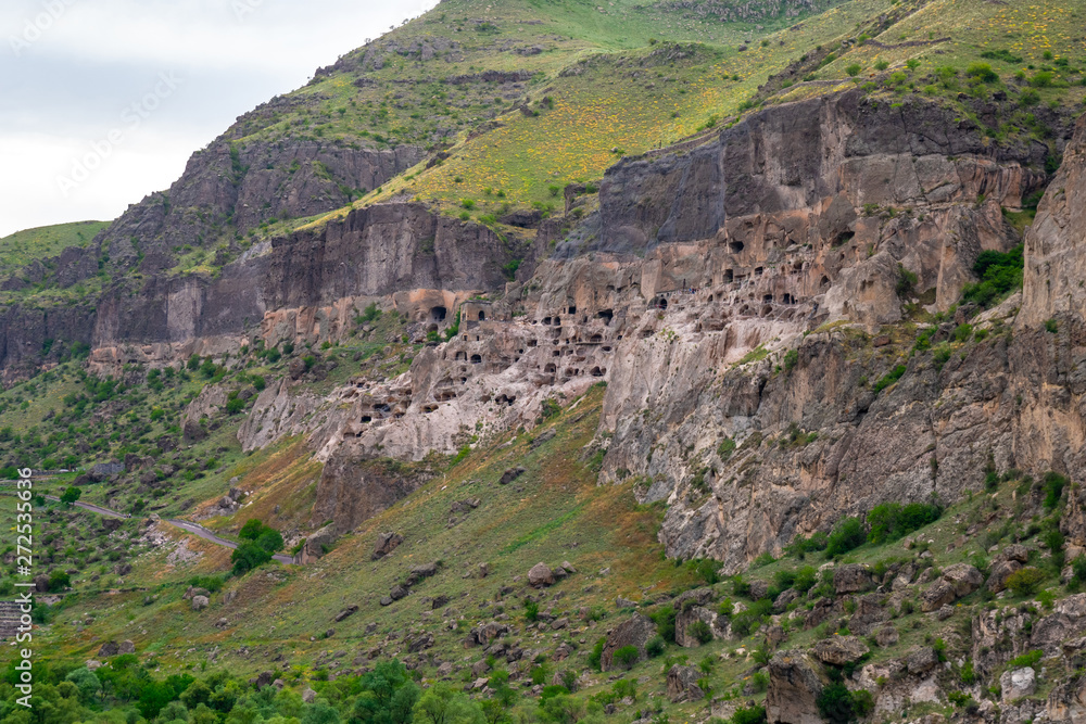 View of Vardzia caves. Vardzia is a cave monastery site in southern Georgia, excavated from the slopes of the Erusheti Mountain on the left bank of the Kura River