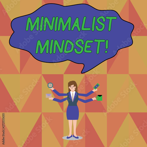 Word writing text Minimalist Mindset. Business photo showcasing Be more Aware what Life can Offer without Clutter Businesswoman with Four Arms Extending Sideways Holding Workers Needed Item