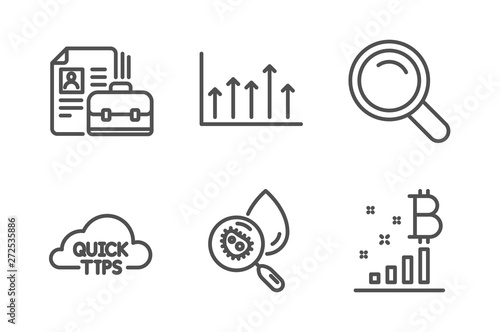 Water analysis, Quick tips and Growth chart icons simple set. Vacancy, Search and Bitcoin graph signs. Aqua bacteria, Helpful tricks. Science set. Line water analysis icon. Editable stroke. Vector