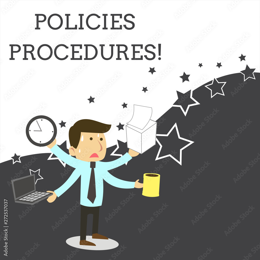 Word writing text Policies Procedures. Business photo showcasing Influence Major Decisions and Actions Rules Guidelines Stressed Out Male Employee Manager Many Armed Multitasking Meet Deadline Word writing text Policies Procedures. Business photo showcasing Influence Major Decisions and Actions Rules Guidelines Stressed Out Male Employee Manager Many Armed Multitasking Meet Deadline