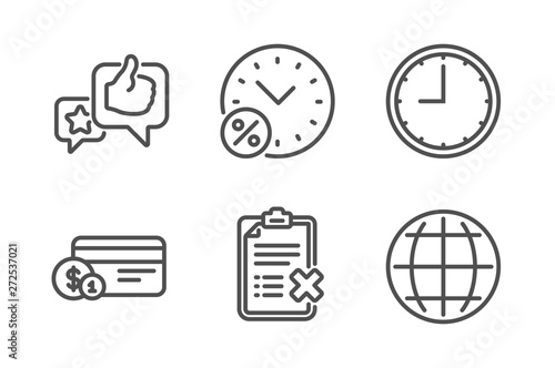 Like, Payment method and Loan percent icons simple set. Time, Reject checklist and Globe signs. Star rating, Cash or non-cash payment. Technology set. Line like icon. Editable stroke. Vector