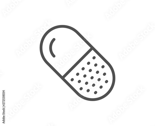 Capsule pill line icon. Medical drugs sign. Pharmacy medication symbol. Quality design element. Linear style capsule pill icon. Editable stroke. Vector