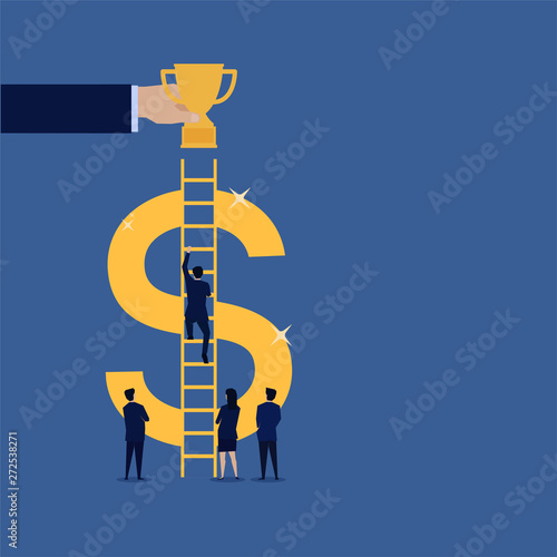 Businessman climb dollar stair to trophy for success. Illustration For Wallpaper, Banner, Background, Book Illustration, And Web Landing Page.