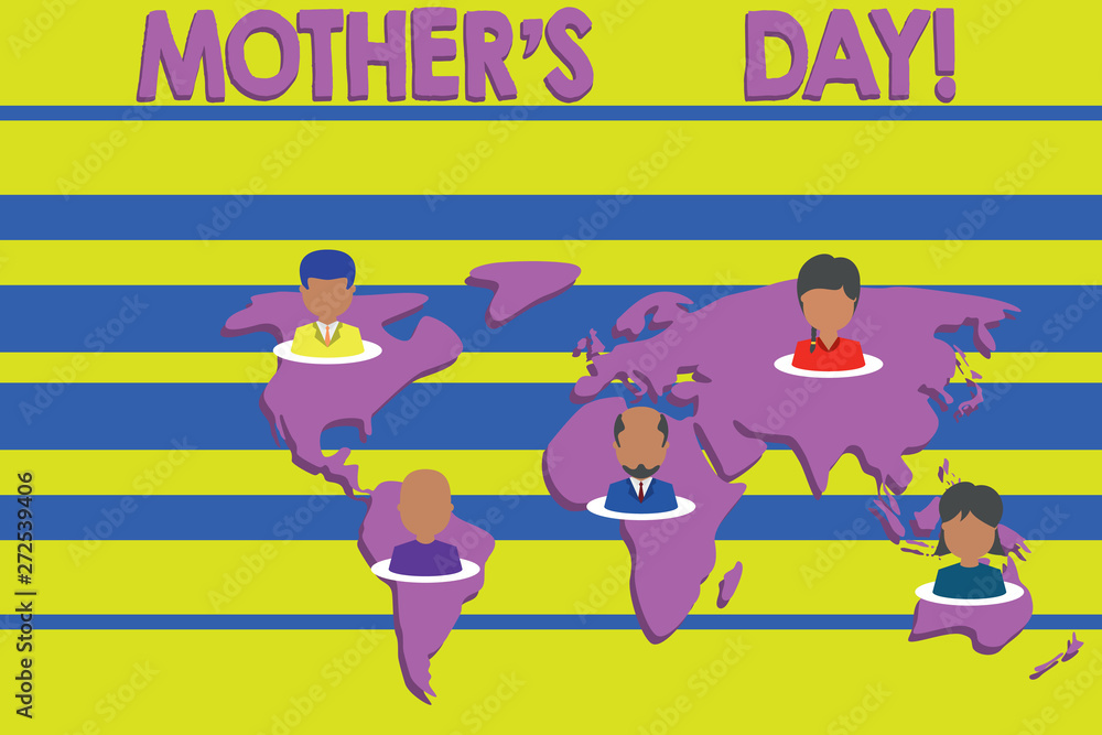 Conceptual hand writing showing Mother S Day. Concept meaning day of year where mothers are particularly honoured by children Connection multiethnic persons all Global business earth map