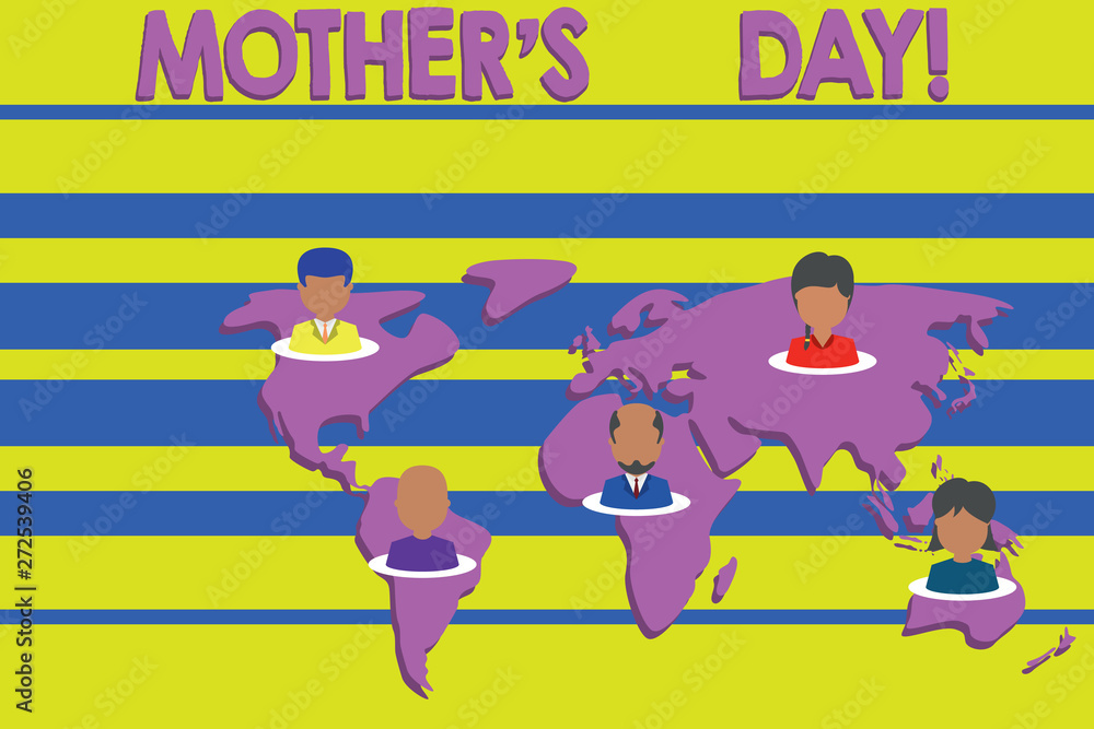 Obraz premium Conceptual hand writing showing Mother S Day. Concept meaning day of year where mothers are particularly honoured by children Connection multiethnic persons all Global business earth map