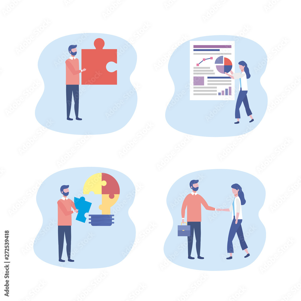 set of businessmen and businesswomen with puzzles and document set of businessmen and businesswomen with puzzles and document