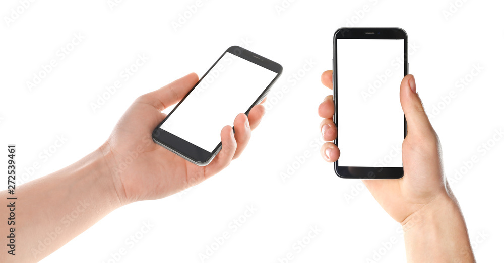 Set with men holding smartphones on white background, closeup of hands. Space for text Set with men holding smartphones on white background, closeup of hands. Space for text